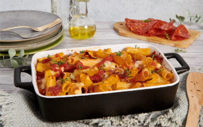 Baked pasta with Salame Calabrese, tomato sauce and mozzarella