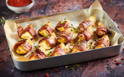 Roasted pancetta and potato bites with ketchup