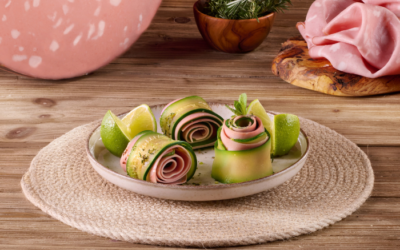 Zucchini and Mortadella rolls with mint and lime